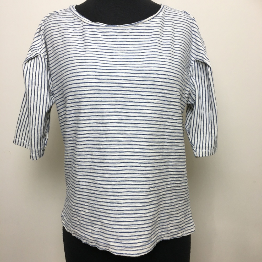 Zara Trafaluc Blue Cream Striped Top 3/4 Sleeve S